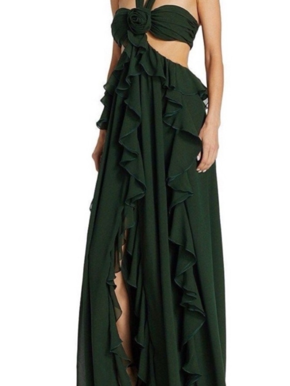 Ronny Kobo Collection Forest Green Ruffle Cutout Maxi Dress